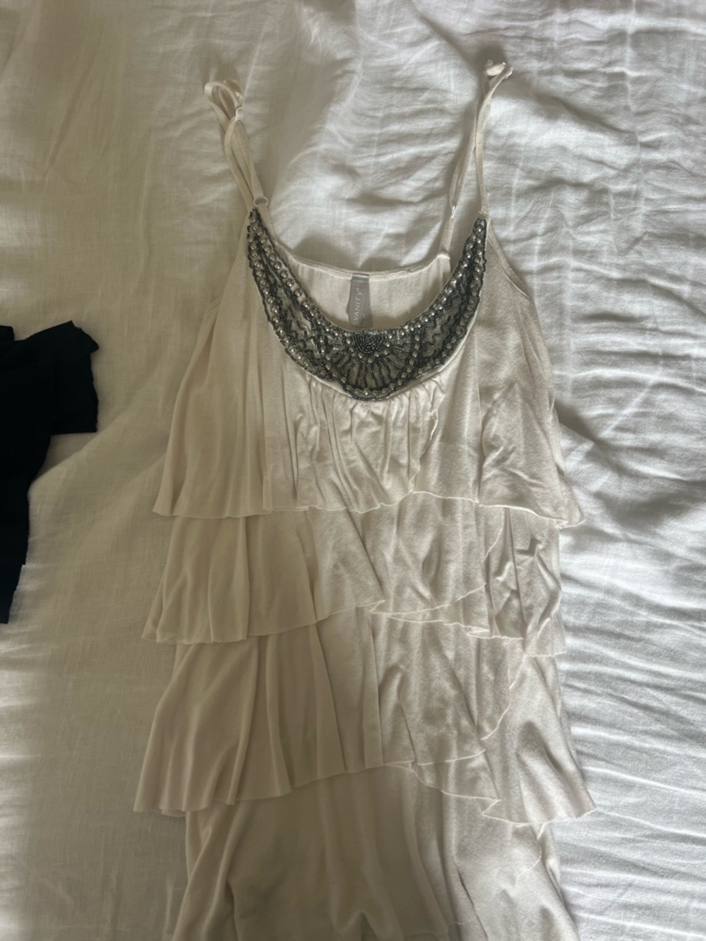 Vanity Ivory Ruffle Cami with Silver Beaded Neckline